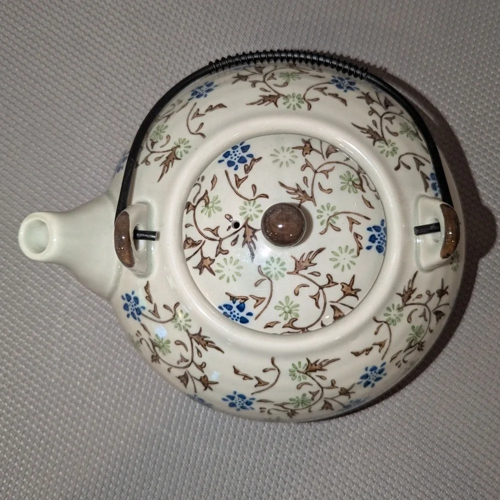 Pier 1 Imports Tomoko 6 Piece Tea Set Floral Ceramic Teapot 4 Cups Metal Stand